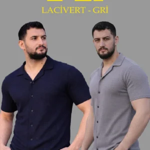 Erkek Waffle Dokuma Açık Yakalı Düğmeli Regular Kalıp 2’li Gömlek Seti - Lacivert & Gri