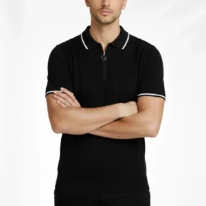 Alternative view of Erkek 2’li Paket Dokuma Triko  Fermuarlı Yakalı Fitilli Kısa Kollu Regular Fit Tişört - Haki & Siyah