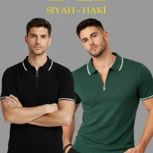 Erkek 2’li Paket Dokuma Triko  Fermuarlı Yakalı Fitilli Kısa Kollu Regular Fit Tişört - Haki & Siyah