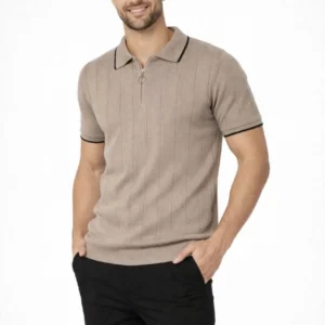 Alternative view of Erkek 2’li Paket Dokuma Triko  Fermuarlı Yakalı Fitilli Kısa Kollu Regular Fit Tişört - Bej & Kahverengi