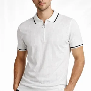 Alternative view of Erkek 2’li Paket Dokuma Triko  Fermuarlı Yakalı Fitilli Kısa Kollu Regular Fit Tişört - Bej & Beyaz