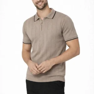 Alternative view of Erkek 3’lü Paket Dokuma Triko  Fermuarlı Yakalı Fitilli Kısa Kollu Regular Fit Tişört - Kahverengi, Beyaz, Siyah