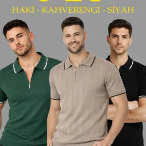 Erkek 3’lü Paket Dokuma Triko  Fermuarlı Yakalı Fitilli Kısa Kollu Regular Fit Tişört - Kahverengi, Haki, Siyah