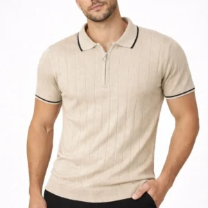 Alternative view of Erkek 3’lü Paket Dokuma Triko  Fermuarlı Yakalı Fitilli Kısa Kollu Regular Fit Tişört - Kahverengi, Beyaz, Bej