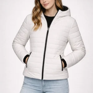 Kadın Şişme Kapüşonlu Fermuarlı Mont Su itici Kapitone Astarlı Kumaş Cepli Kışlık Rahat Kalıp - Krem