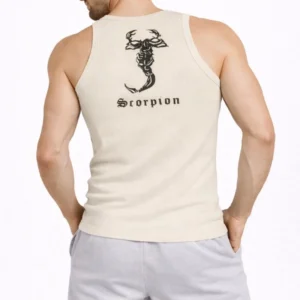 Erkek Fitilli Atlet Sıfır Yaka Slim Fit Arka Baskılı Spor Atlet - Krem