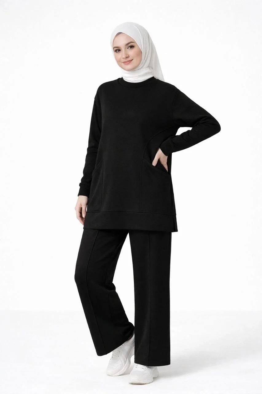 Osy Modal yumuşak dokulu Kumaş Tesettür Cepli Tunik Pantolon Takım - Siyah - Görsel 5