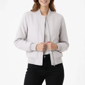 Kadın Premium Bomber Ceket Çıtçıt Kapamalı, Ribana Manşetli, Astarlı, Regular Fit Mont - Beyaz