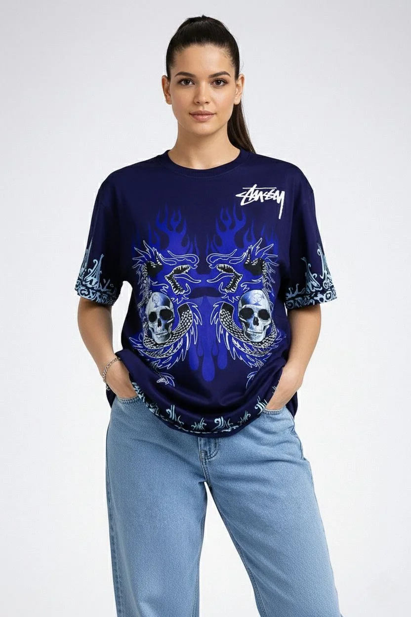 Kadın Lacivert Oversize Tişört Dragon & Kuru Kafa Baskılı Bisiklet Yaka T-Shirt - Lacivert - Görsel 2