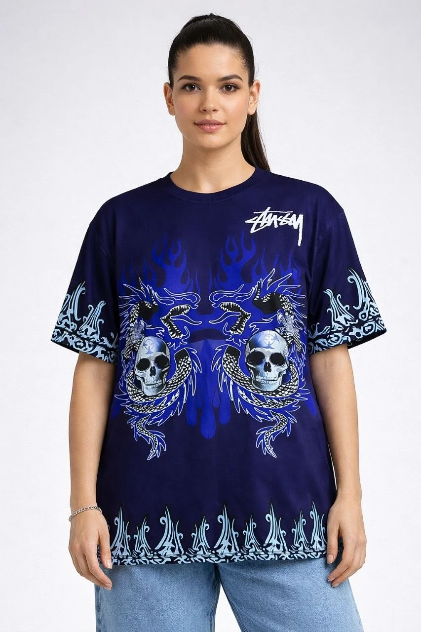 Kadın Lacivert Oversize Tişört Dragon & Kuru Kafa Baskılı Bisiklet Yaka T-Shirt - Lacivert - Görsel 4