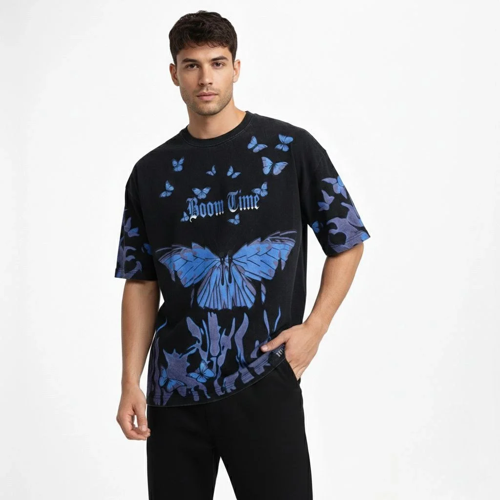 Erkek Asit Yıkamalı Oversize Tişört Mavi Kelebek Baskılı Dijital Print Bisiklet Yaka Streetwear T-Shirt - Siyah - Görsel 2