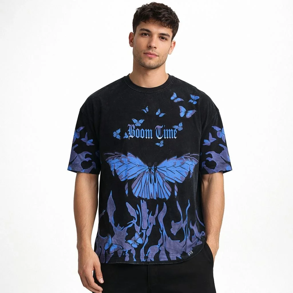 Erkek Asit Yıkamalı Oversize Tişört Mavi Kelebek Baskılı Dijital Print Bisiklet Yaka Streetwear T-Shirt - Siyah - Görsel 6