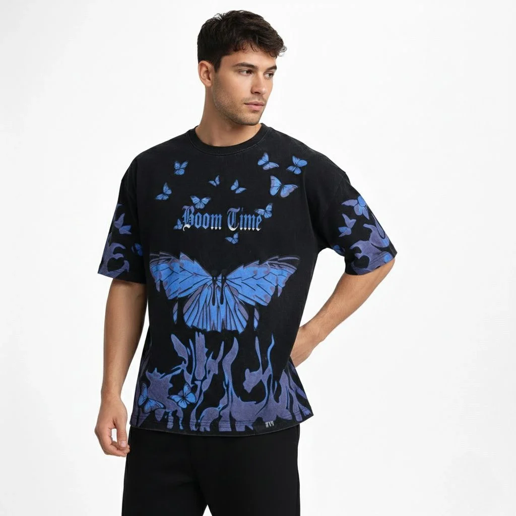 Erkek Asit Yıkamalı Oversize Tişört Mavi Kelebek Baskılı Dijital Print Bisiklet Yaka Streetwear T-Shirt - Siyah - Görsel 5