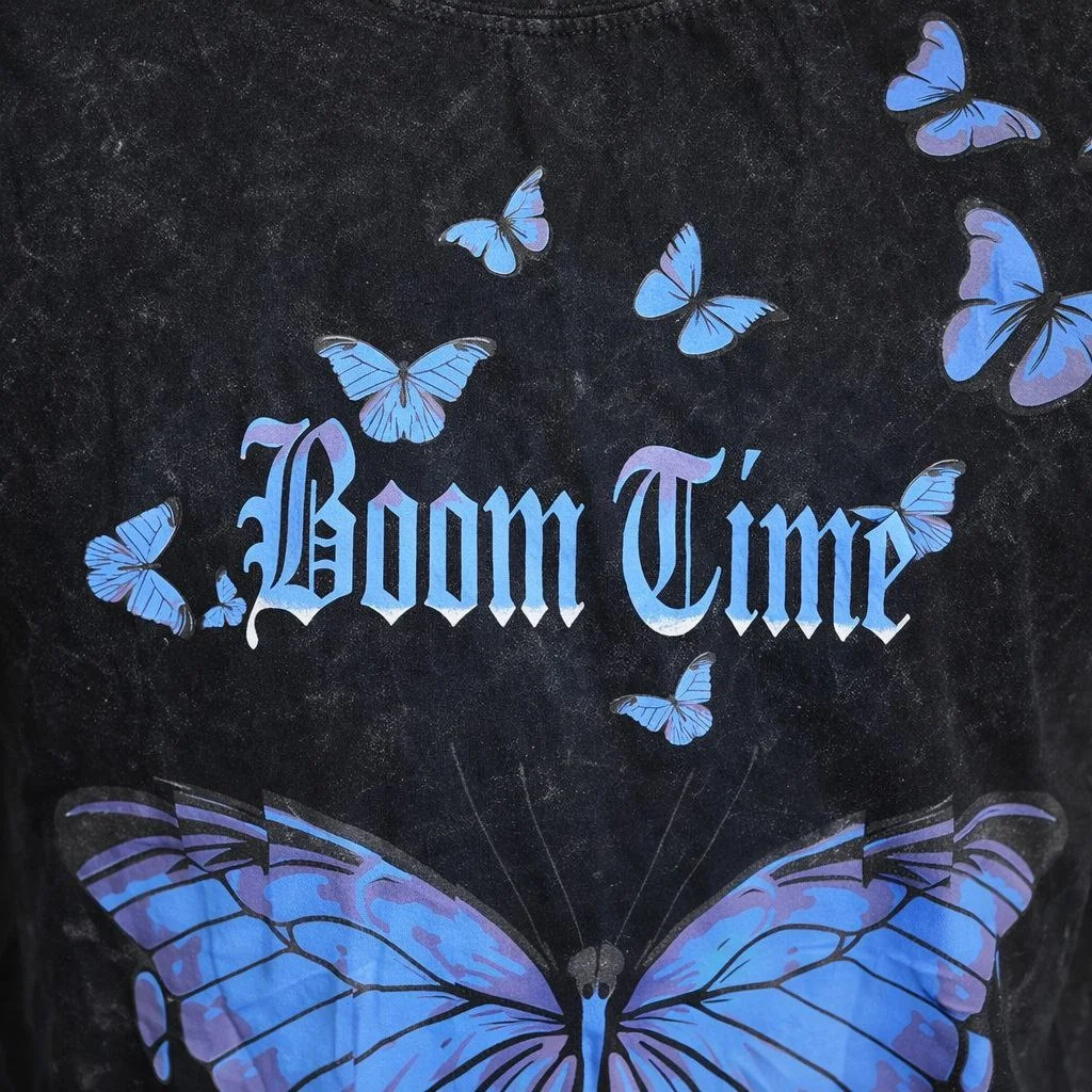 Erkek Asit Yıkamalı Oversize Tişört Mavi Kelebek Baskılı Dijital Print Bisiklet Yaka Streetwear T-Shirt - Siyah - Görsel 7