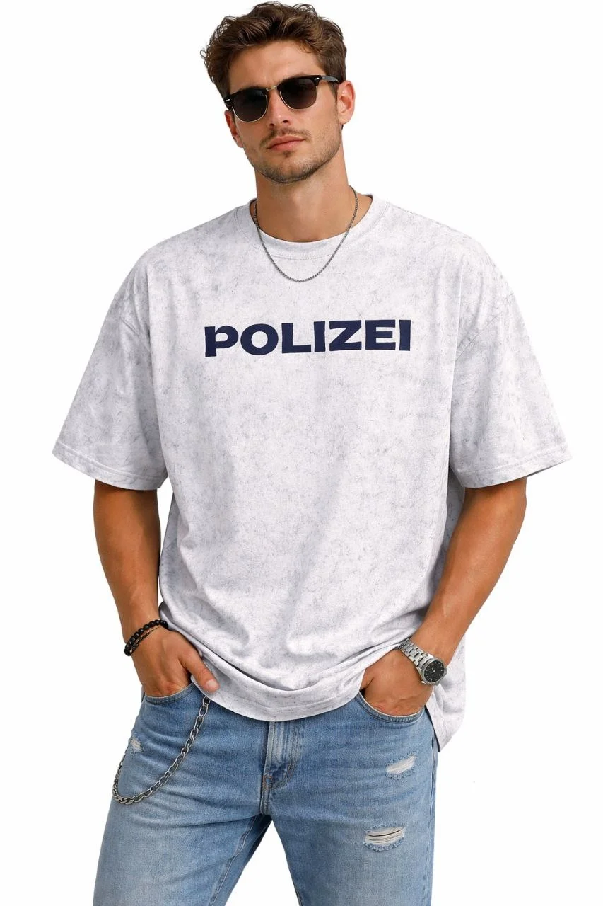 Erkek Asit Yıkamalı Oversize Tişört ön ve Arkası Baskılı %100 Pamuk Street Style T-Shirt - Beyaz - Görsel 3