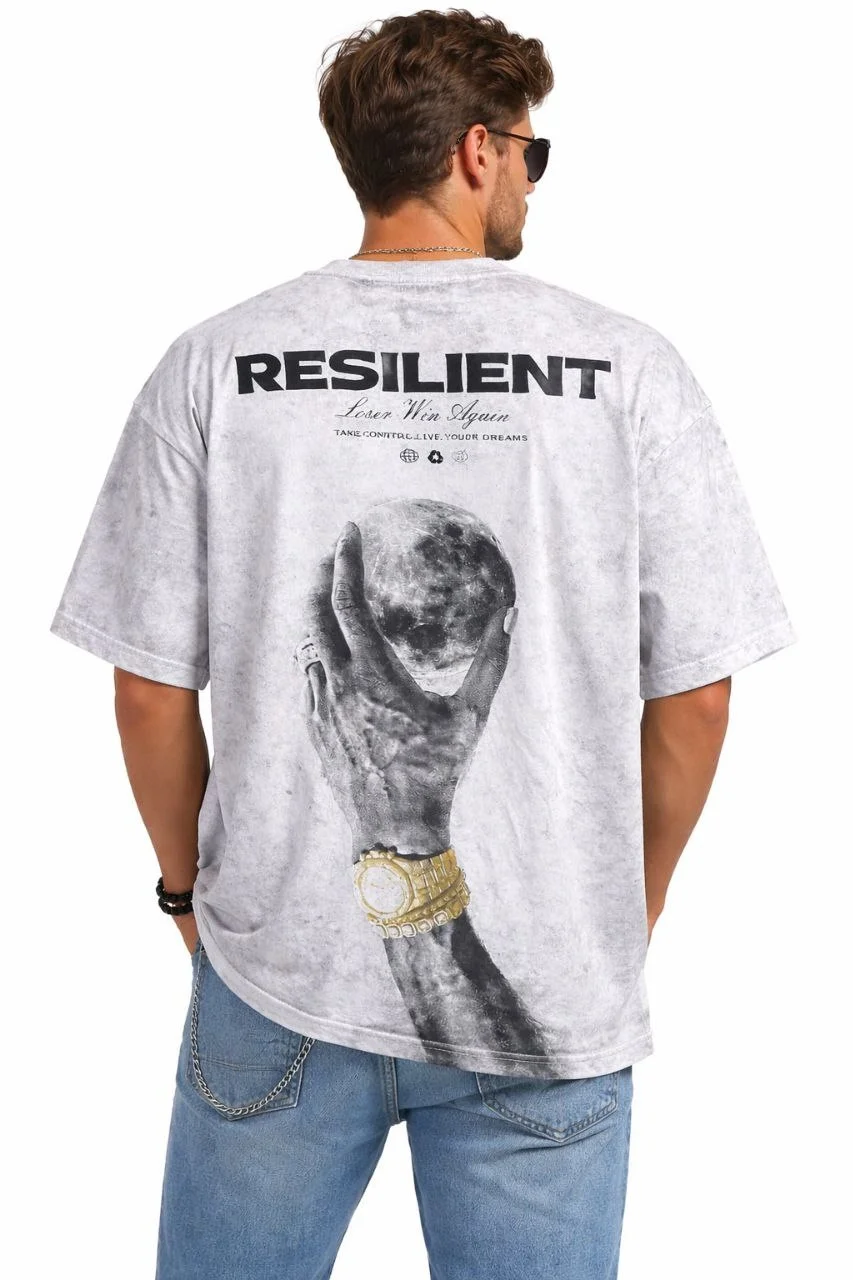 Erkek Asit Yıkamalı Oversize Tişört ön ve Arkası Baskılı %100 Pamuk Street Style T-Shirt - Beyaz - Görsel 2