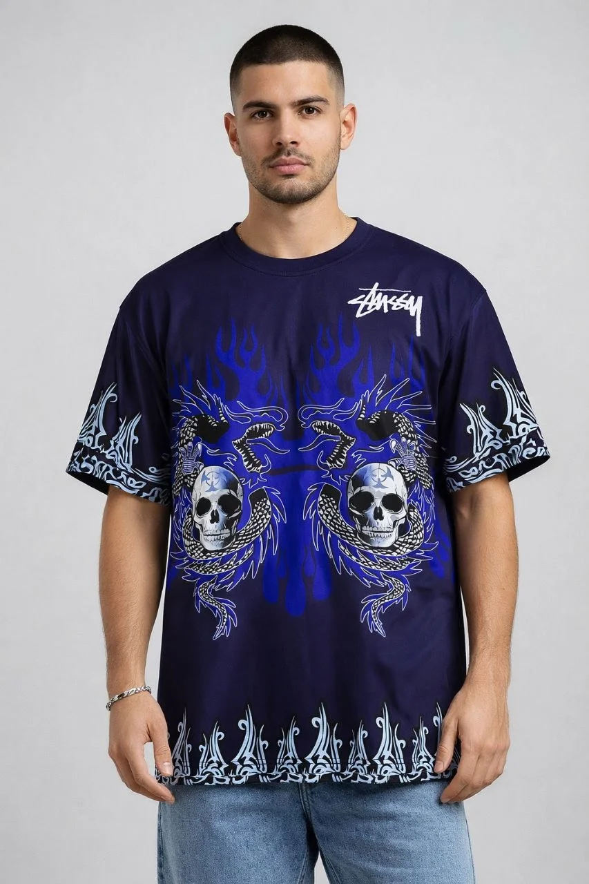 Erkek Lacivert Oversize Tişört Dragon & Kuru Kafa Baskılı Bisiklet Yaka Streetwear T-Shirt - Lacivert - Görsel 3