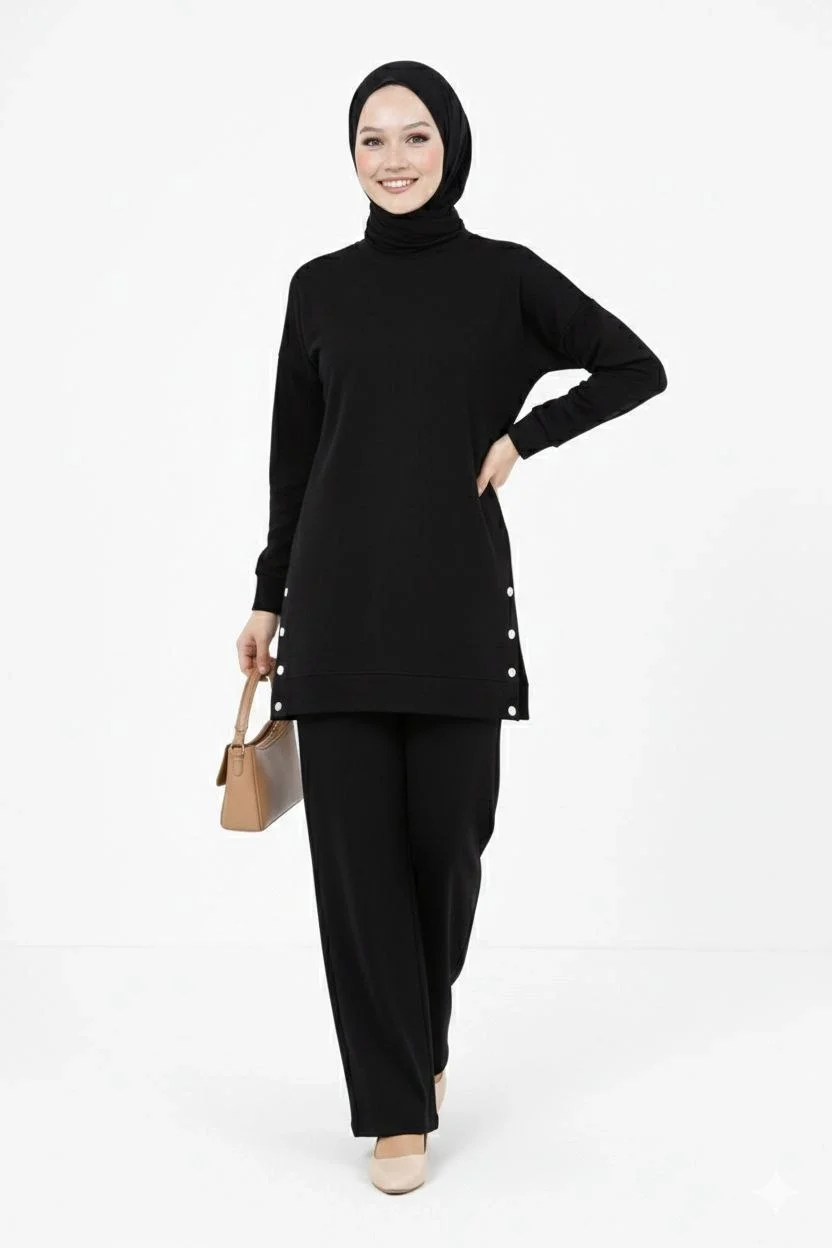 Osy Modal yumuşak dokulu Kumaş Modern Tesettür Takım Yandan Metal Çıtçıtlı Uzun Tunik Pantolon Set Salaş Kalıp - Siyah - Görsel 3