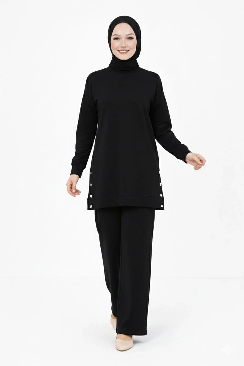 Osy Modal yumuşak dokulu Kumaş Modern Tesettür Takım Yandan Metal Çıtçıtlı Uzun Tunik Pantolon Set Salaş Kalıp - Siyah - Görsel 4