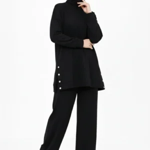 Alternative view of Osy Modal yumuşak dokulu Kumaş Modern Tesettür Takım Yandan Metal Çıtçıtlı Uzun Tunik Pantolon Set Salaş Kalıp - Siyah