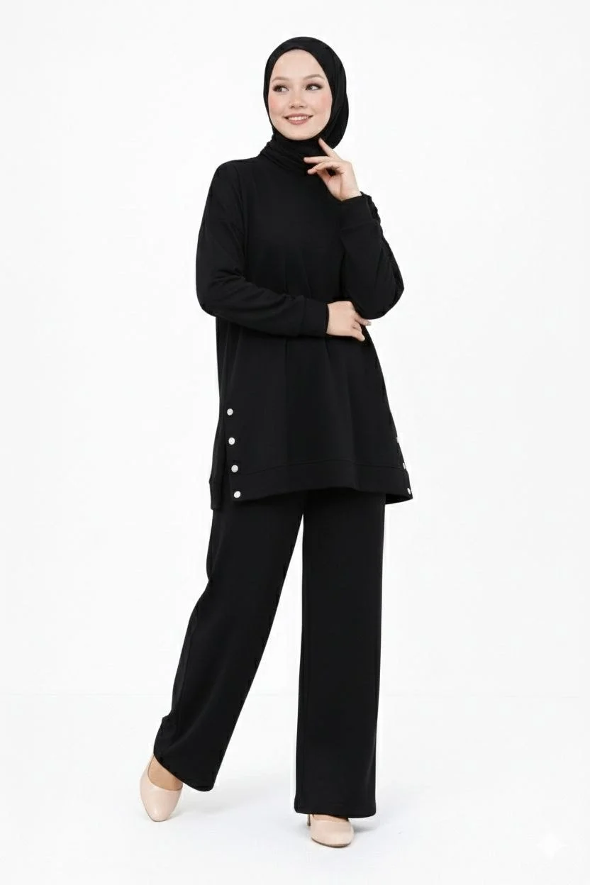 Osy Modal yumuşak dokulu Kumaş Modern Tesettür Takım Yandan Metal Çıtçıtlı Uzun Tunik Pantolon Set Salaş Kalıp - Siyah - Görsel 2