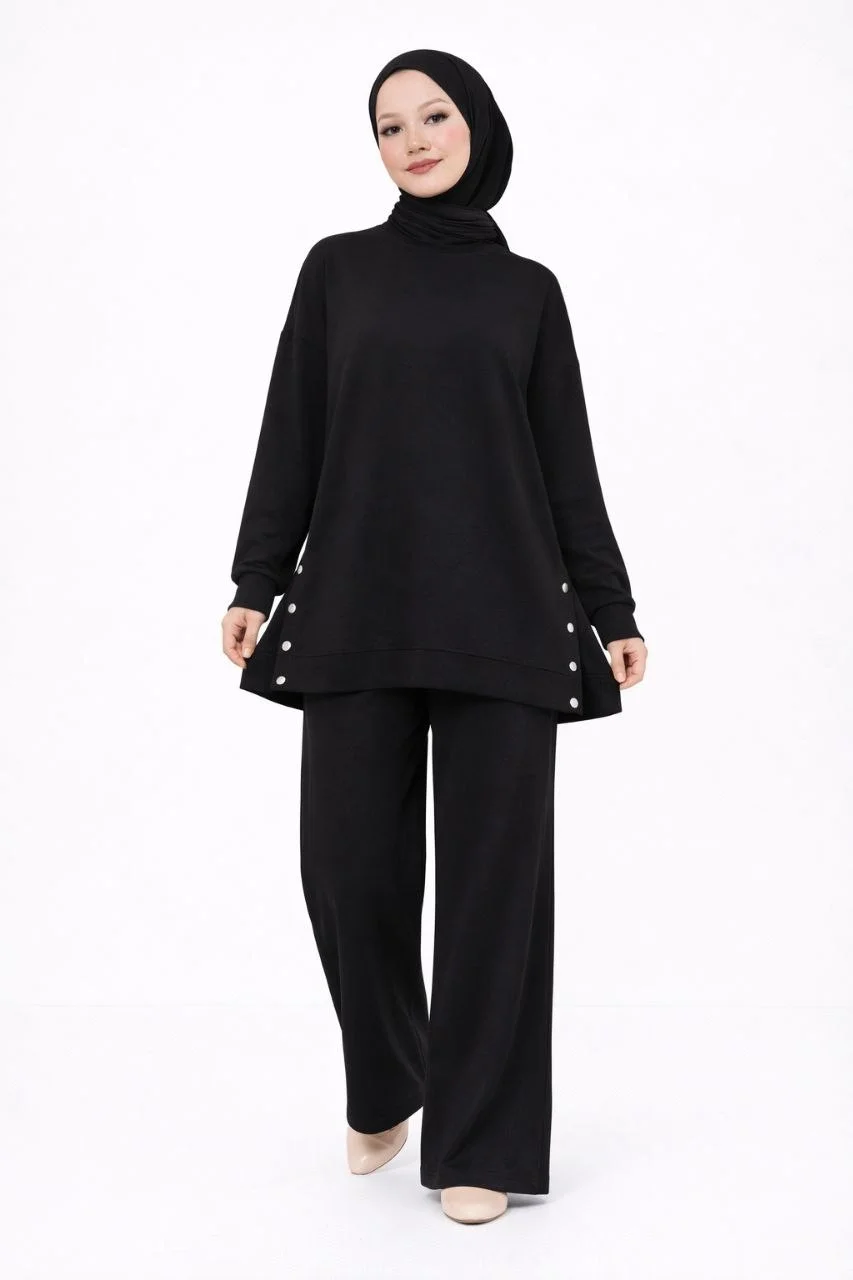 Osy Modal yumuşak dokulu Kumaş Modern Tesettür Takım Yandan Metal Çıtçıtlı Uzun Tunik Pantolon Set Salaş Kalıp - Siyah - Görsel 5