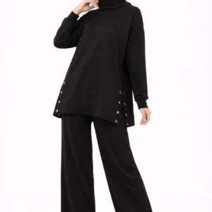 Osy Modal yumuşak dokulu Kumaş Modern Tesettür Takım Yandan Metal Çıtçıtlı Uzun Tunik Pantolon Set Salaş Kalıp - Siyah