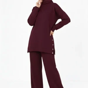 Alternative view of Osy Modal yumuşak dokulu Kumaş Modern Tesettür Takım Yandan Metal Çıtçıtlı Uzun Tunik Pantolon Set Salaş Kalıp - Bordo