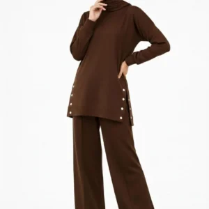 Osy Modal yumuşak dokulu Kumaş Modern Tesettür Takım Yandan Metal Çıtçıtlı Uzun Tunik Pantolon Set Salaş Kalıp - Kahverengi