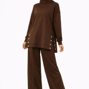 Alternative view of Osy Modal yumuşak dokulu Kumaş Modern Tesettür Takım Yandan Metal Çıtçıtlı Uzun Tunik Pantolon Set Salaş Kalıp - Kahverengi