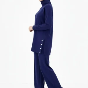 Alternative view of Osy Modal yumuşak dokulu Kumaş Modern Tesettür Takım Yandan Metal Çıtçıtlı Uzun Tunik Pantolon Set Salaş Kalıp - Lacivert