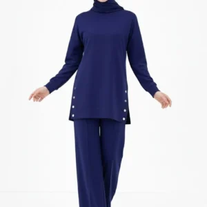 Osy Modal yumuşak dokulu Kumaş Modern Tesettür Takım Yandan Metal Çıtçıtlı Uzun Tunik Pantolon Set Salaş Kalıp - Lacivert