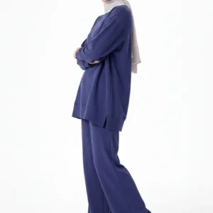 Osy Modal yumuşak dokulu Kadın Tesettür İkili Takım Yan Yırtmaçlı Uzun Tunik ve Düz Paça Pantolon, Salaş Kalıp - Lacivert