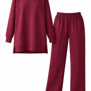 Alternative view of Osy Modal yumuşak dokulu Kadın Tesettür İkili Takım Yan Yırtmaçlı Uzun Tunik ve Düz Paça Pantolon, Salaş Kalıp - Bordo