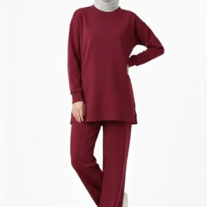 Osy Modal yumuşak dokulu Kadın Tesettür İkili Takım Yan Yırtmaçlı Uzun Tunik ve Düz Paça Pantolon, Salaş Kalıp - Bordo