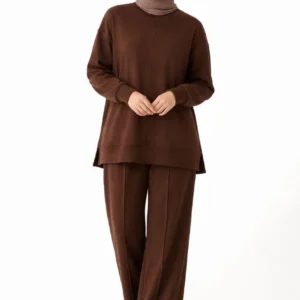 Osy Modal yumuşak dokulu Kadın Tesettür İkili Takım Yan Yırtmaçlı Uzun Tunik ve Düz Paça Pantolon, Salaş Kalıp - Kahverengi