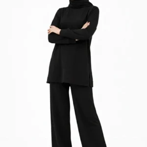 Osy Modal yumuşak dokulu Kadın Tesettür İkili Takım Yan Yırtmaçlı Uzun Tunik ve Düz Paça Pantolon, Salaş Kalıp - Siyah