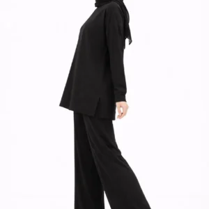 Alternative view of Osy Modal yumuşak dokulu Kadın Tesettür İkili Takım Yan Yırtmaçlı Uzun Tunik ve Düz Paça Pantolon, Salaş Kalıp - Siyah