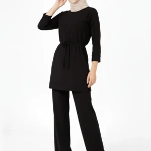 Osy Modal yumuşak dokulu Kadın Kuşaklı Tesettür Takım Salaş Kalıp 4/3 Kol Katlanmış kol İkili Takım - Siyah