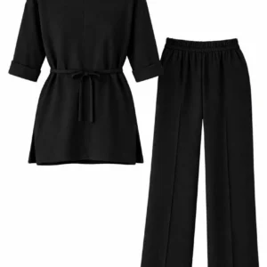 Alternative view of Osy Modal yumuşak dokulu Kadın Kuşaklı Tesettür Takım Salaş Kalıp 4/3 Kol Katlanmış kol İkili Takım - Siyah