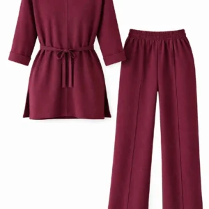 Alternative view of Osy Modal yumuşak dokulu Kadın Kuşaklı Tesettür Takım Salaş Kalıp 4/3 Kol Katlanmış kol İkili Takım - Bordo