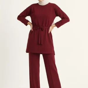 Osy Modal yumuşak dokulu Kadın Kuşaklı Tesettür Takım Salaş Kalıp 4/3 Kol Katlanmış kol İkili Takım - Bordo