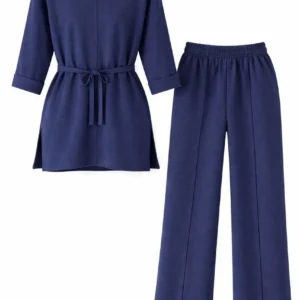 Alternative view of Osy Modal yumuşak dokulu Kadın Kuşaklı Tesettür Takım Salaş Kalıp 4/3 Kol Katlanmış kol İkili Takım - Lacivert