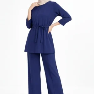 Osy Modal yumuşak dokulu Kadın Kuşaklı Tesettür Takım Salaş Kalıp 4/3 Kol Katlanmış kol İkili Takım - Lacivert