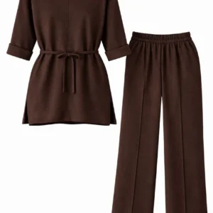 Alternative view of Osy Modal yumuşak dokulu Kadın Kuşaklı Tesettür Takım Salaş Kalıp 4/3 Kol Katlanmış kol İkili Takım - Kahverengi