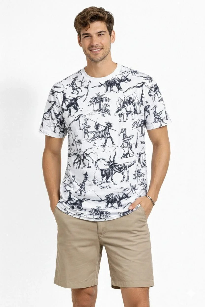 Erkek Beyaz Dinozor Desenli Tişört – Regular Fit, Bisiklet Yaka, Dijital Baskılı Pamuklu T-Shirt - Beyaz - Görsel 3