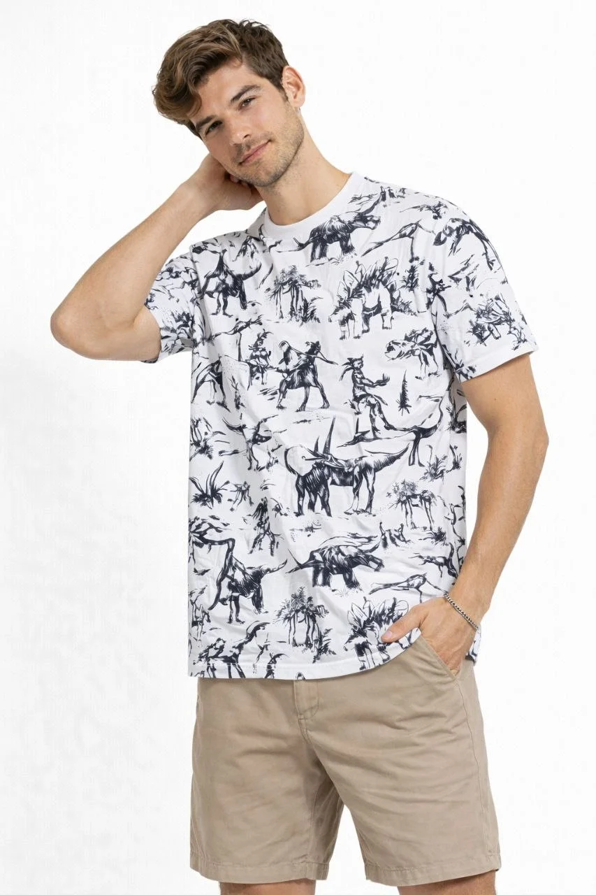 Erkek Beyaz Dinozor Desenli Tişört – Regular Fit, Bisiklet Yaka, Dijital Baskılı Pamuklu T-Shirt - Beyaz