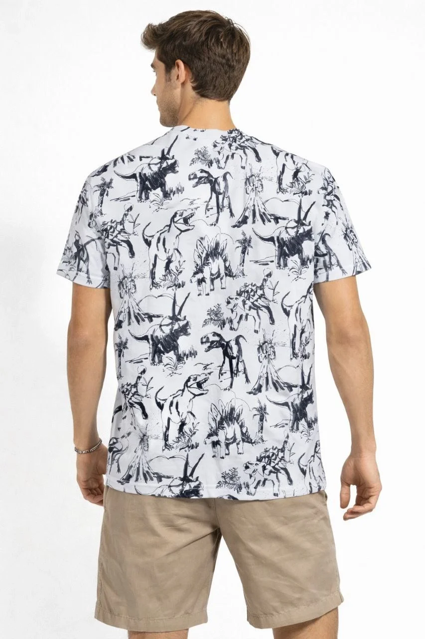 Erkek Beyaz Dinozor Desenli Tişört – Regular Fit, Bisiklet Yaka, Dijital Baskılı Pamuklu T-Shirt - Beyaz - Görsel 4