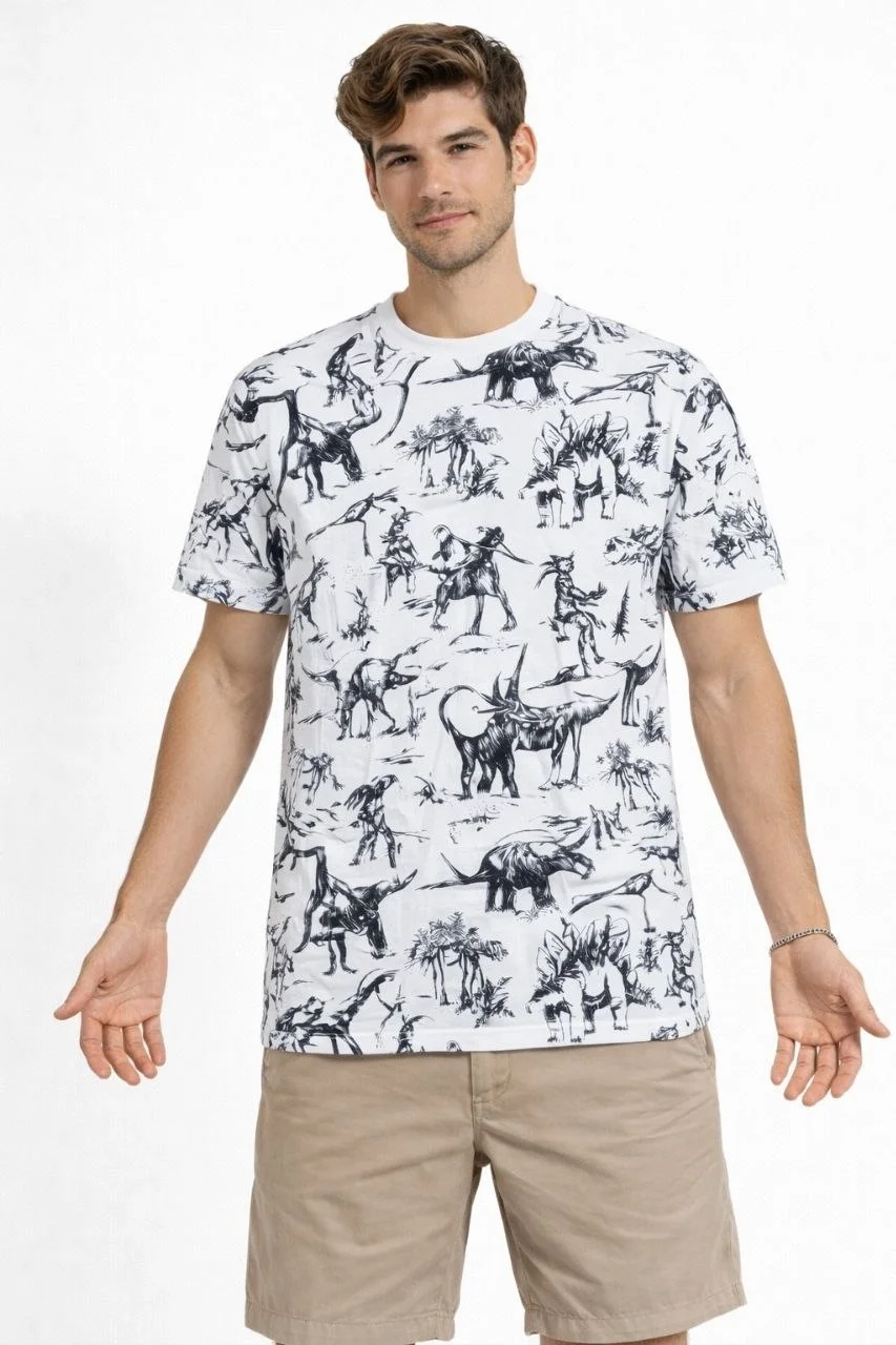 Erkek Beyaz Dinozor Desenli Tişört – Regular Fit, Bisiklet Yaka, Dijital Baskılı Pamuklu T-Shirt - Beyaz - Görsel 5