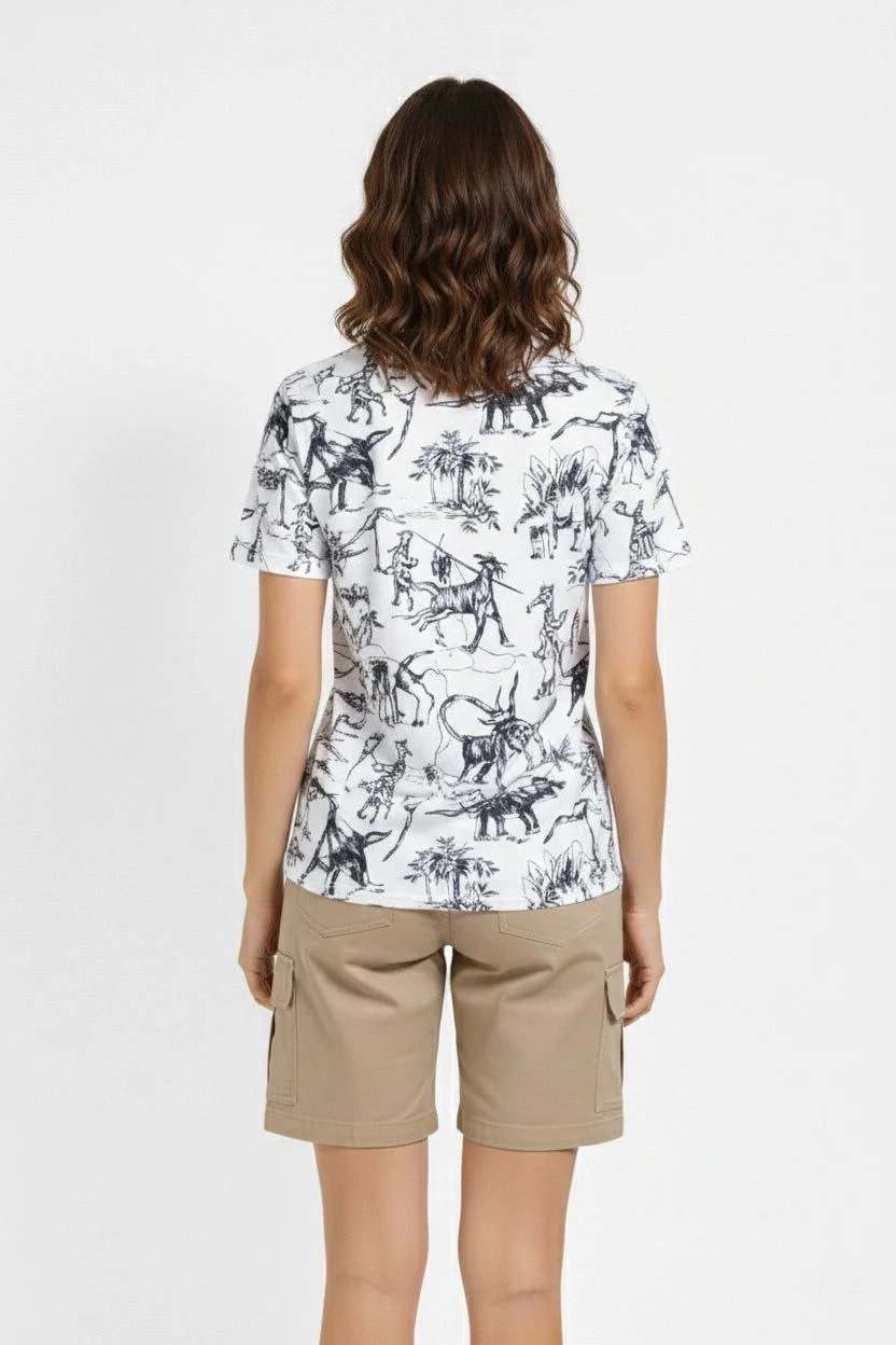 Kadın Beyaz Dinozor Desenli Tişört – Regular Kalıp, Bisiklet Yaka, Dijital Baskılı Pamuklu T-Shirt - Beyaz - Görsel 5